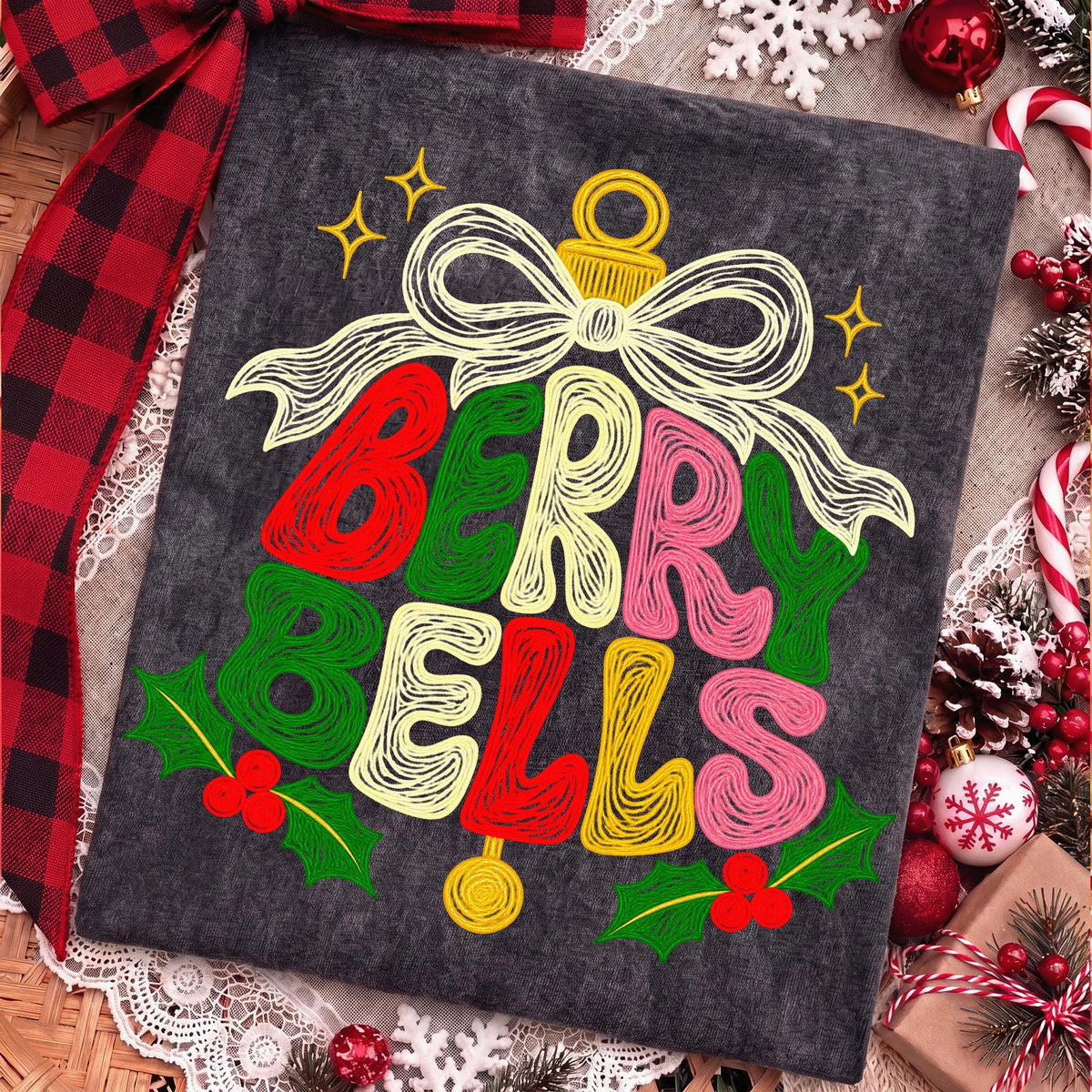 Berry Bells faux embroidery Christmas PNG with retro coquette bow - image 7