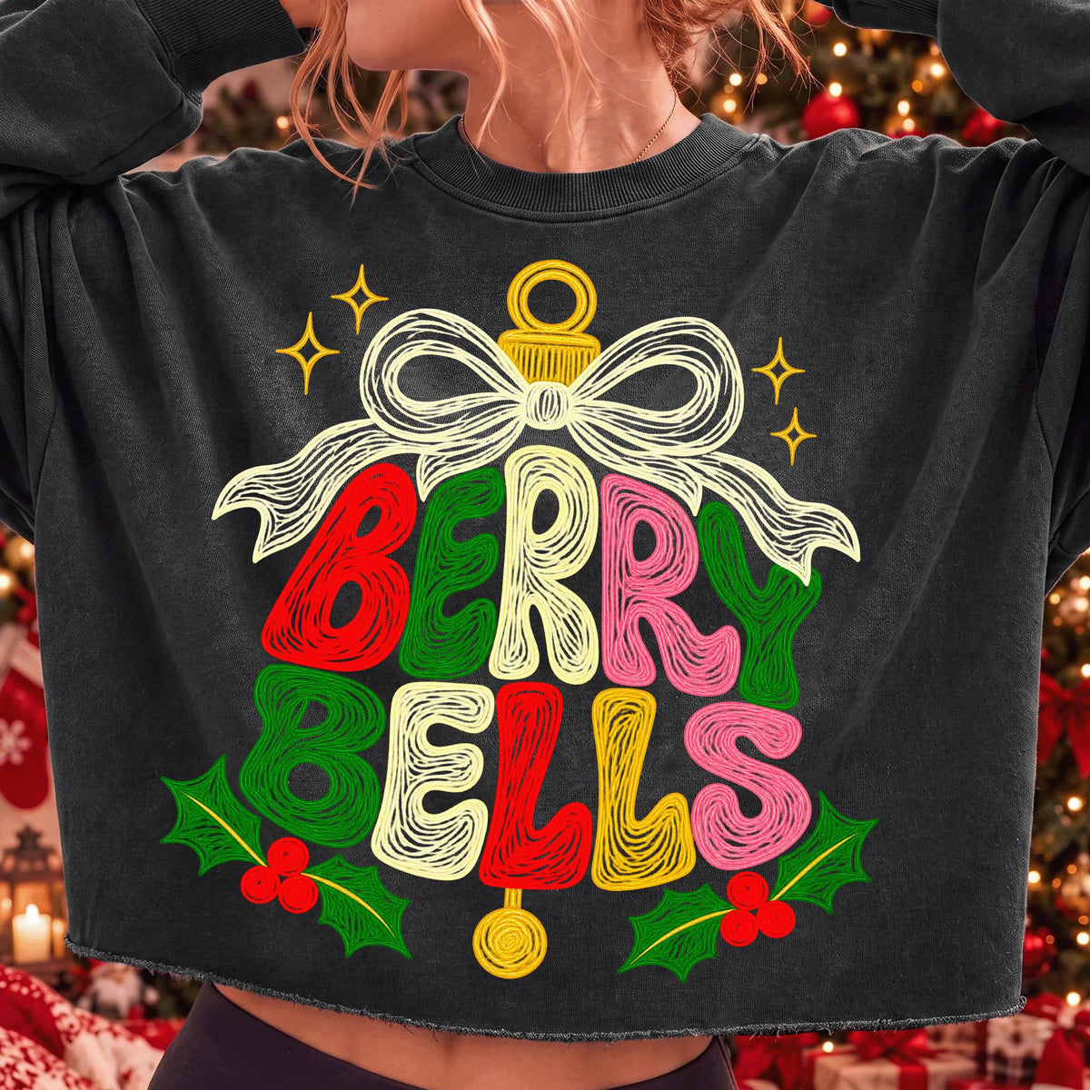 Berry Bells faux embroidery Christmas PNG with retro coquette bow