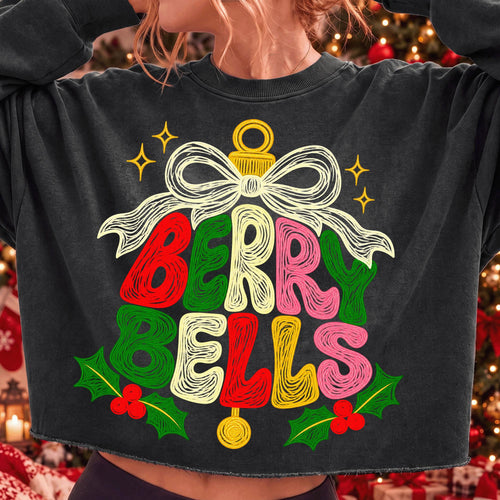 Berry Bells faux embroidery Christmas PNG with retro coquette bow