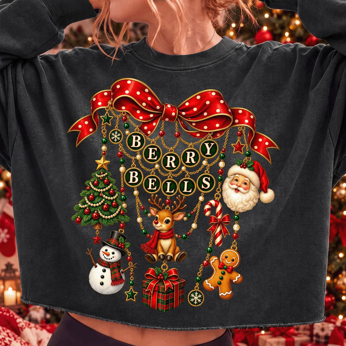 vintage coquette Christmas charm bow with berries and bells PNG design for sublimation and DTF