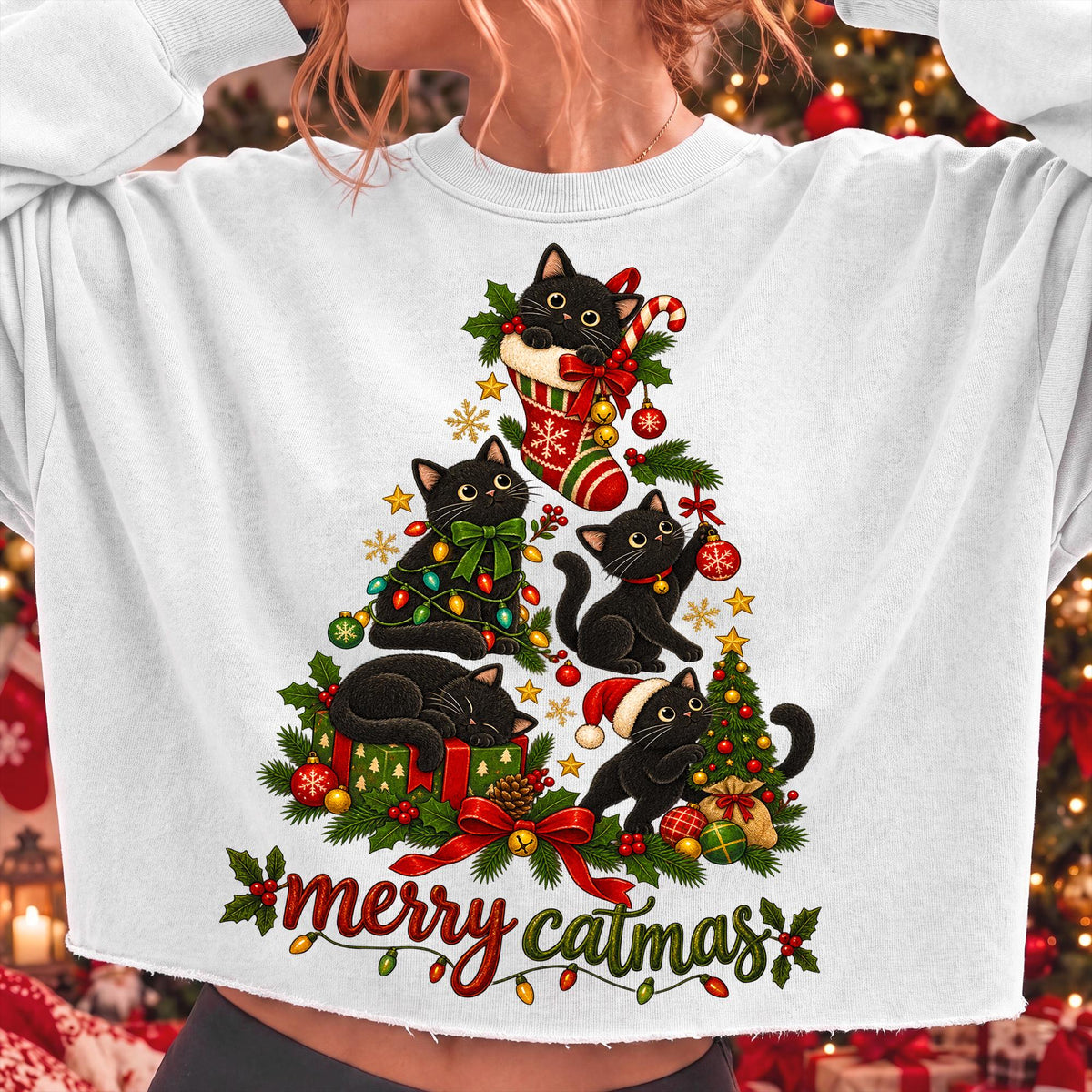Merry Catmas black cat Christmas PNG design for sublimation and DTF