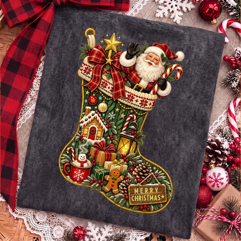 vintage Christmas stocking with Santa Claus PNG design - image 5