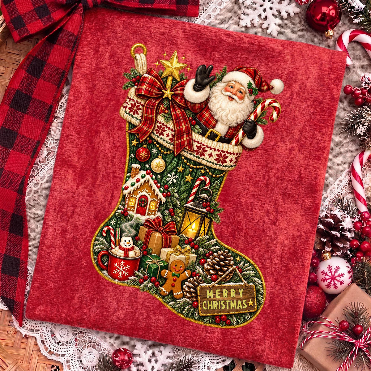 vintage Christmas stocking with Santa Claus PNG design - image 7