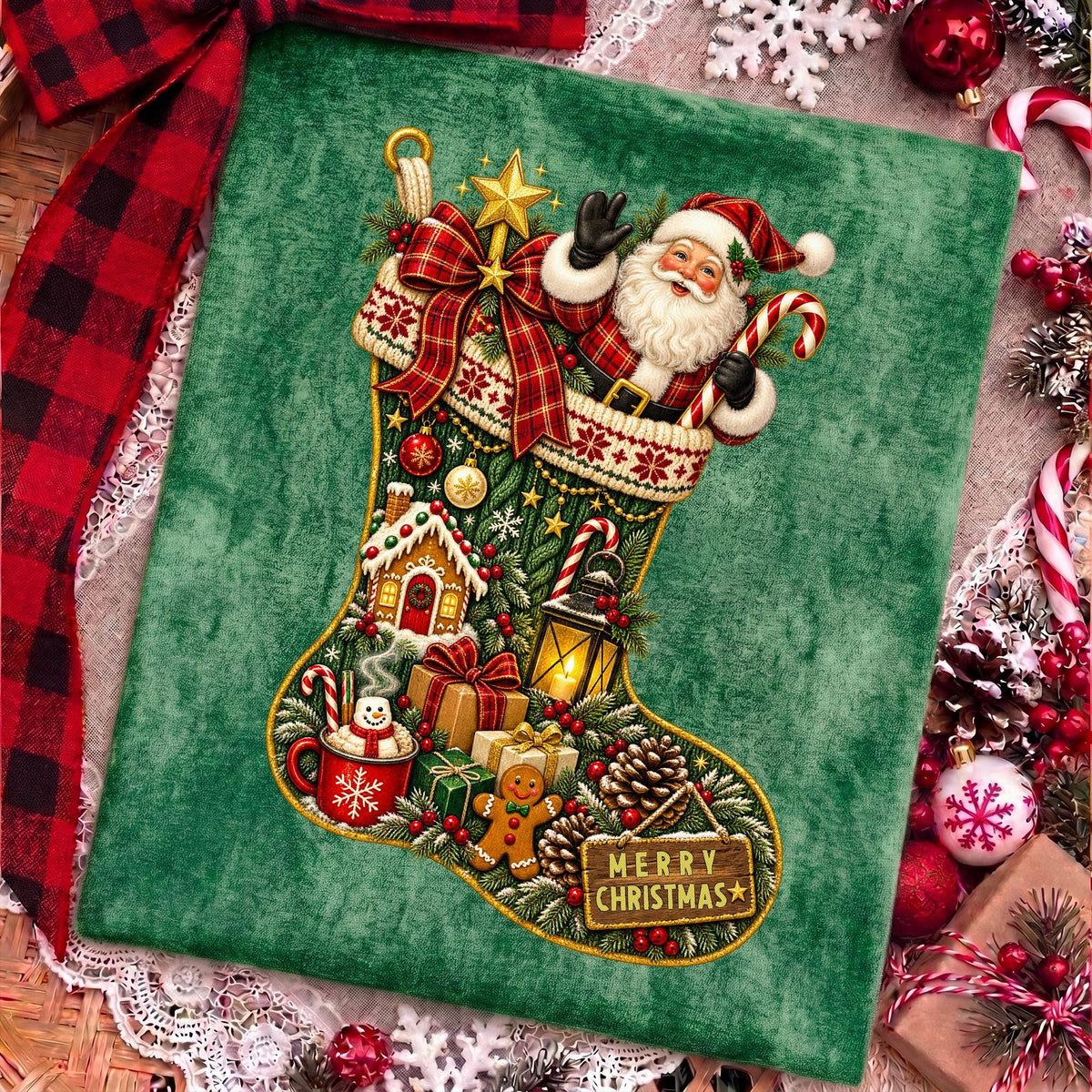 vintage Christmas stocking with Santa Claus PNG design - image 8