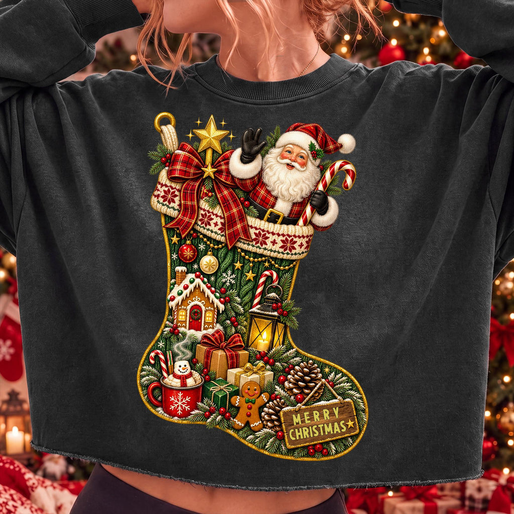 vintage Christmas stocking with Santa Claus PNG design for sublimation and DTF