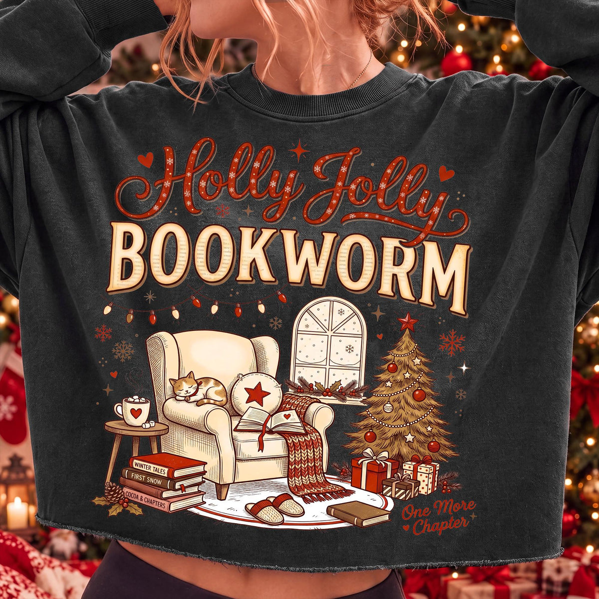 Holly Jolly Bookworm Christmas reading chair cat and cocoa PNG design - image 2