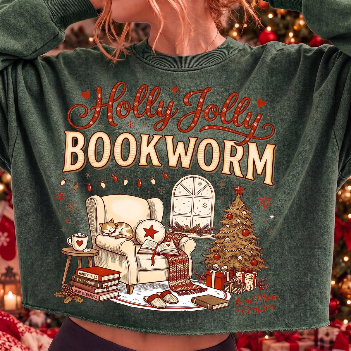 Holly Jolly Bookworm Christmas reading chair cat and cocoa PNG design - image 6