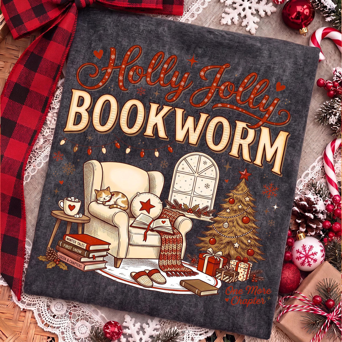 Holly Jolly Bookworm Christmas reading chair cat and cocoa PNG design - image 5