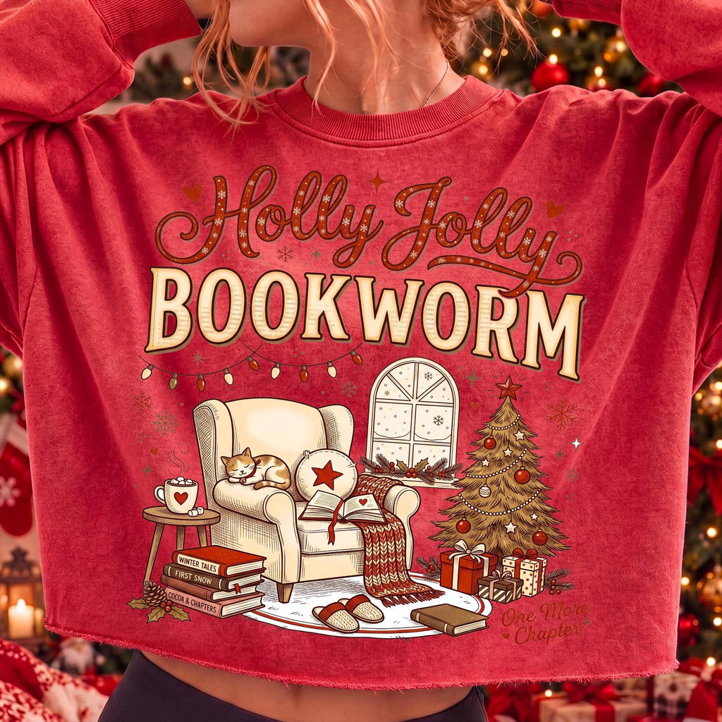 Holly Jolly Bookworm Christmas reading chair cat and cocoa PNG design - image 3
