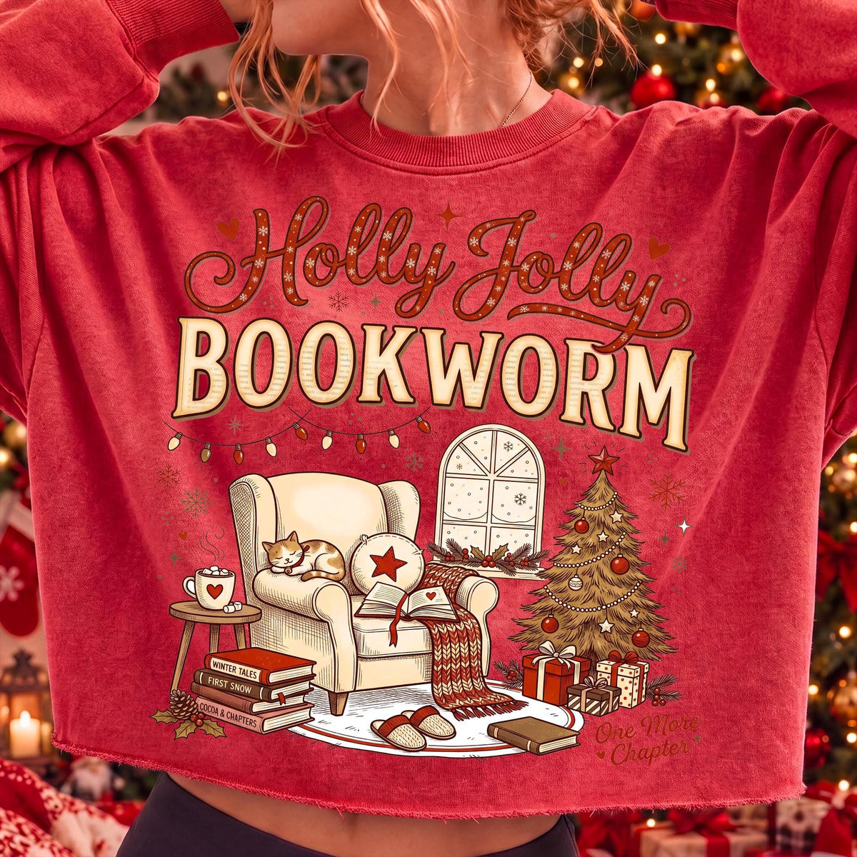 Holly Jolly Bookworm Christmas reading chair cat and cocoa PNG design - image 3
