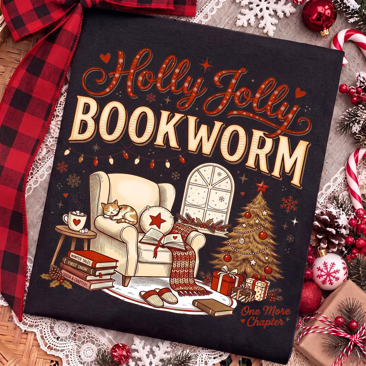 Holly Jolly Bookworm Christmas reading chair cat and cocoa PNG design - image 9