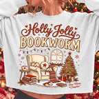 Holly Jolly Bookworm Christmas reading chair cat and cocoa PNG design for sublimation and DTF