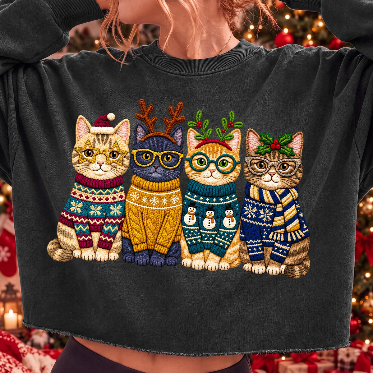 Christmas cats in festive sweaters PNG design for sublimation and DTF