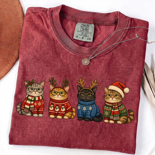Christmas cats in cozy sweaters PNG design for sublimation and DTF